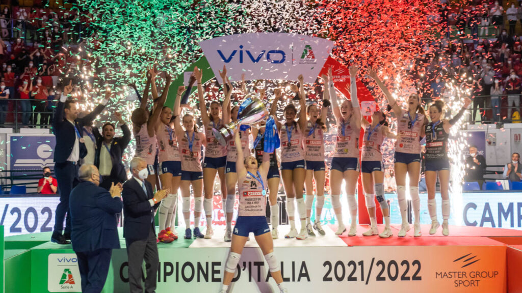 Captain Joanna Wolosz lifts the trophy for Conegliano's fifth Italian title