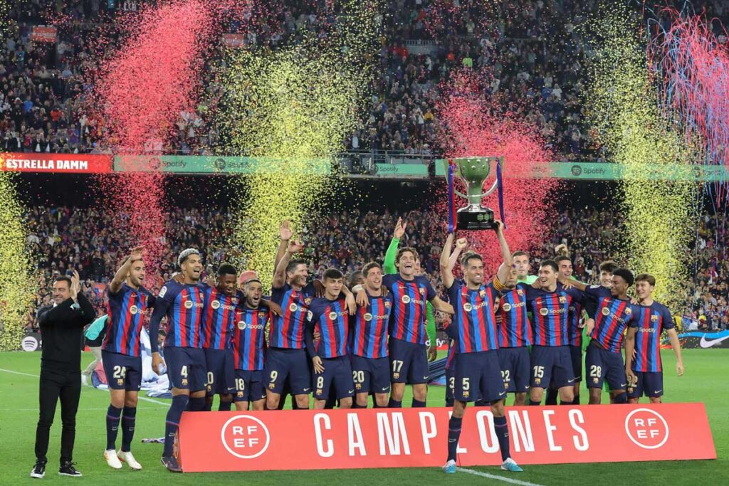 Barcelona players celebrate Spain La Liga 2023 trophy