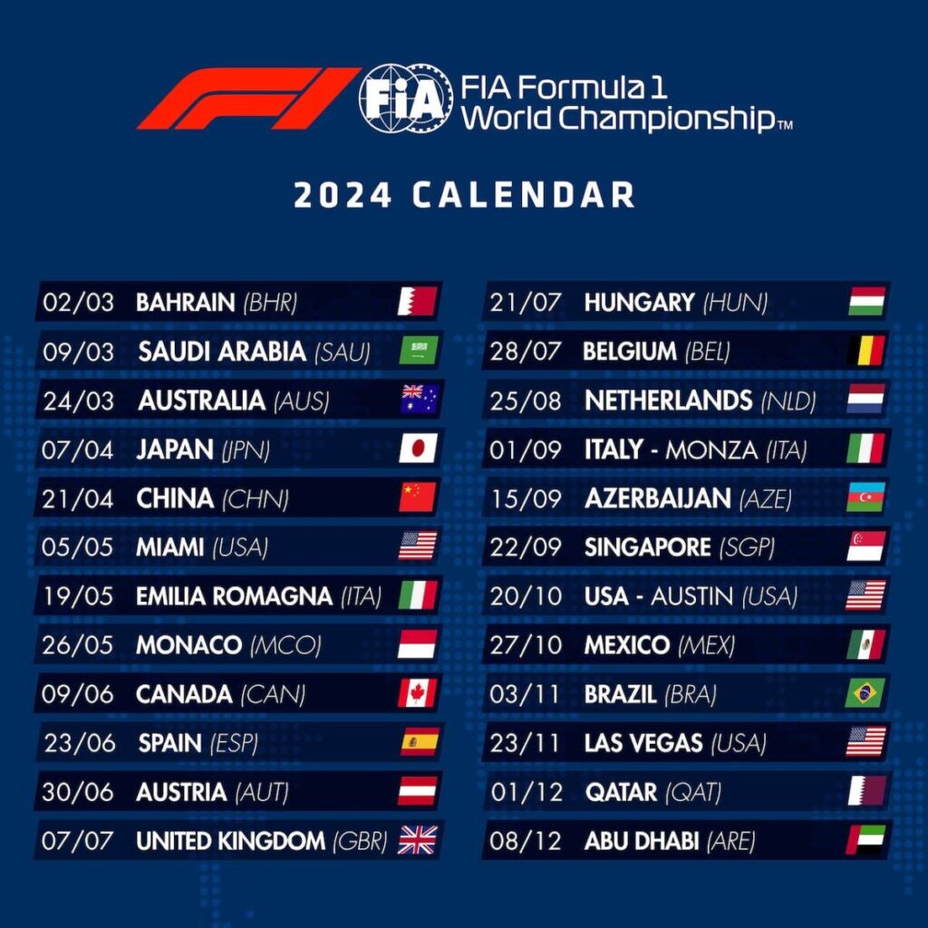 05.07.23 CALENDARIO DEL MONDIALE DI FORMULA 1 2024