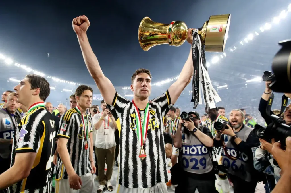 atalanta-bc-v-juventus-fc-coppa-italia-2023-2024-final-dusan Vlahovic dopo la vittoria della Juventus 