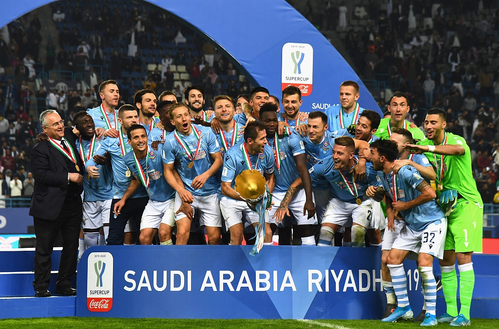 Players of Lazio celebrate winning the Italian Super Cup trophy in Riyadh, Saudi Arabia, December 22, 2019